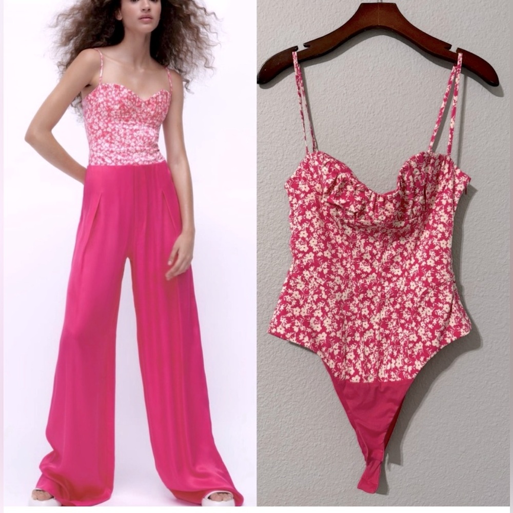 NWT Zara Women’s Pink Floral Corset Bodysuit W/ Sweetheart Neckline. Size Med.